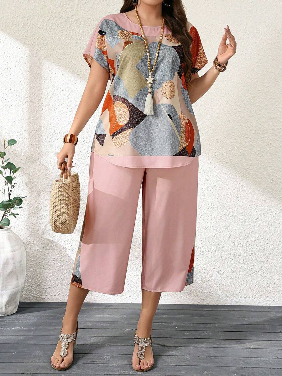 Breezaya Plus Size Women 2 Piece Set - Geometric Print Round Neck Short Sleeve Top And Capri Pants, Spring/Summer - Multicolor - View 1