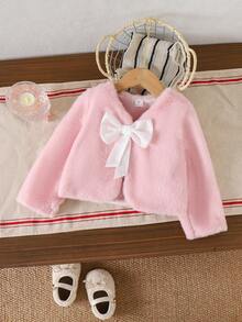 Elladie kids 女童蓬松长袖象牙色开衫，带蝴蝶结，时尚优雅的儿童冬季外套；小女孩粉色连衣裙搭配开衫毛衣；小女孩粉色连衣裙搭配外套；儿童两件套外套搭配裙子 - 粉色 - 查看 3