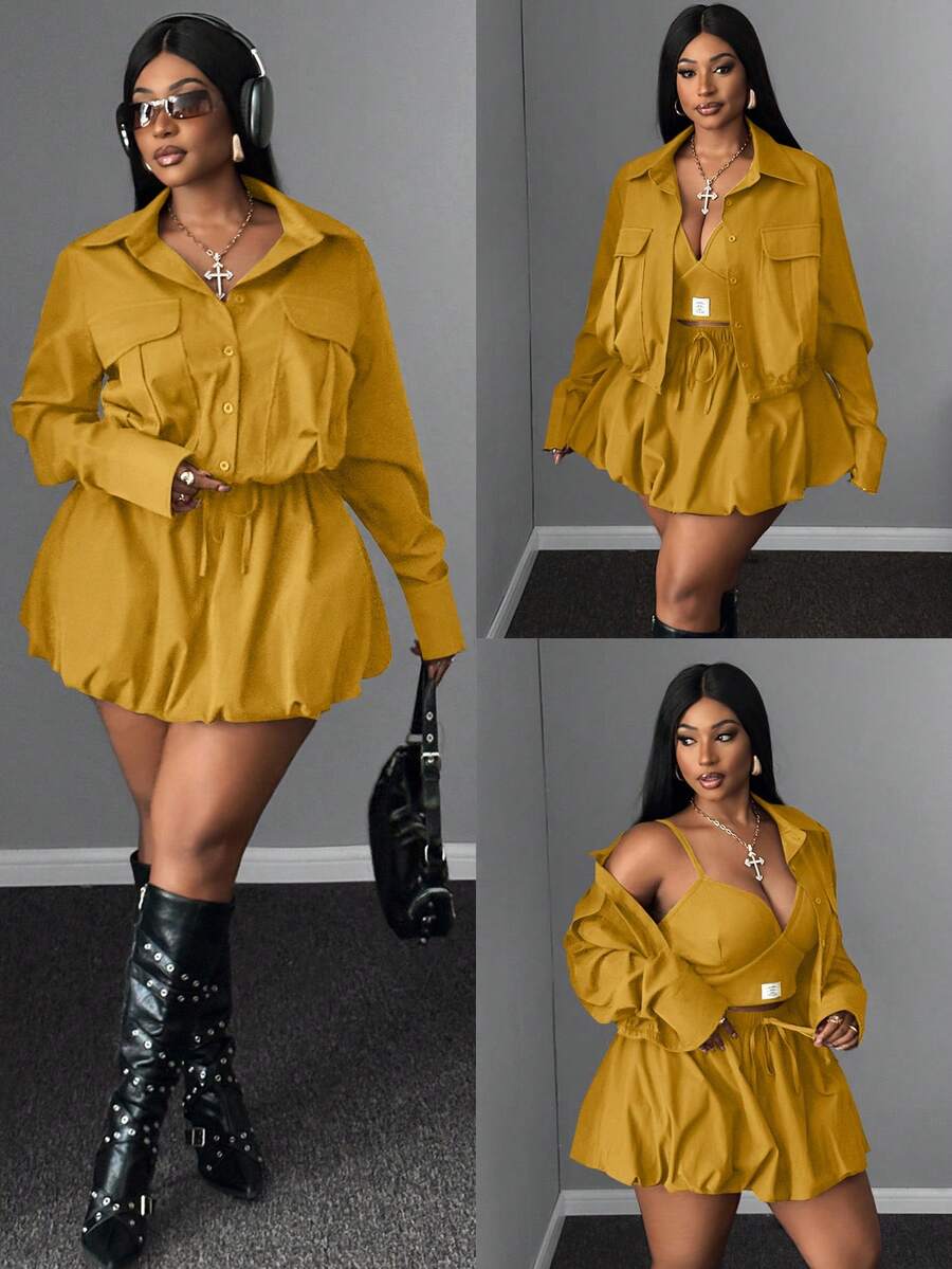 Maweii 2pcs Plus Size Women Casual Outfit - Collared Jacket And High Waist Pleated Skirt Set, Suitable For Work And Everyday Wear, Autumn/Winter - Yellow - View 1