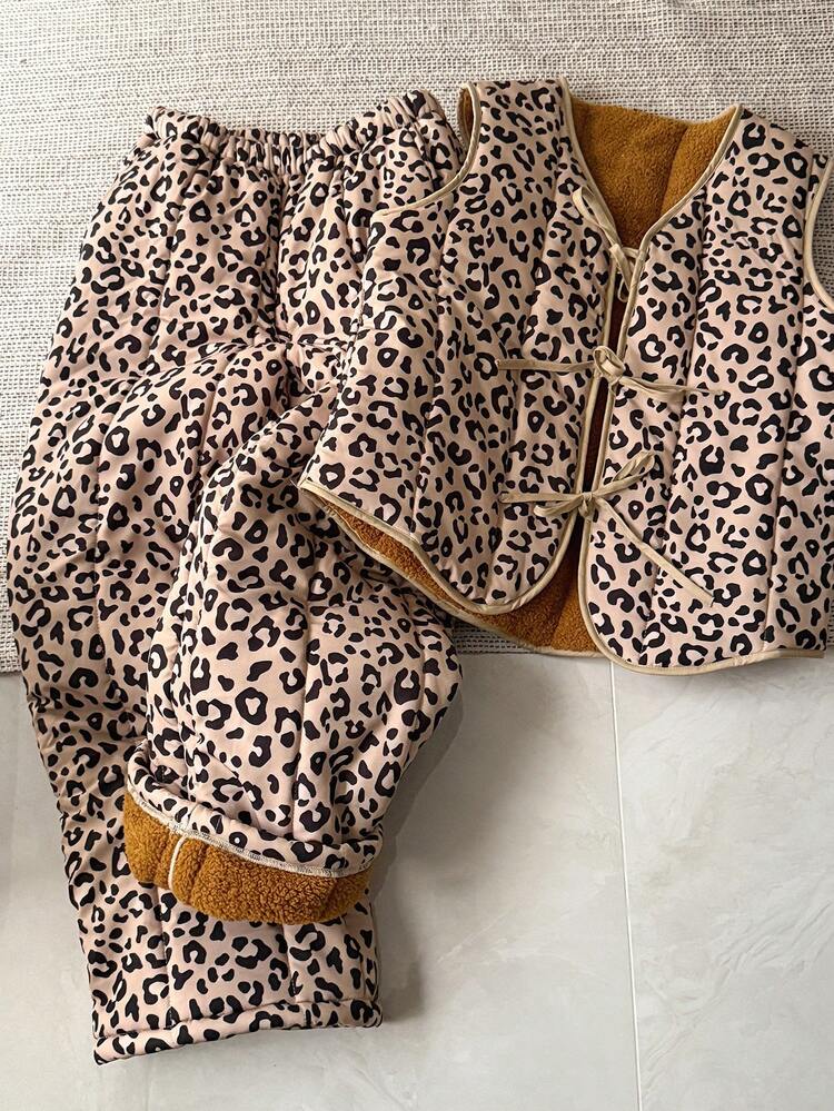 Women's Leopard Print Quilted Vest And Drawstring Pants Sleepwear Set, Winter