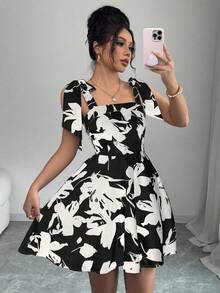 Elenzga Women's Floral Print Tie Shoulder Strap Mini Dress, Vacation Style - Black - View 6