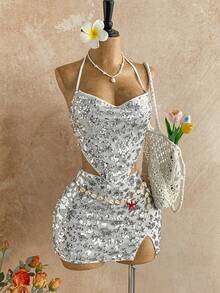 Soleia Vacation Women's Blue Sequin Embroidered Draped Neck Backless Tied Waist High Slit Mini Skirt Set, Music Festival Outfit Sparkly Two Piece Set Sequin Skirt Set Silver Silver Sequin Skirt Set Party Summer Sexy Dress Silver Birthday Dress Sequin Two Piece Set - White - View 5
