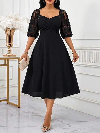 SHEIN Lady Women's Sweetheart Neck Lantern Sleeve Criss-Cross Design Elegant Mid-Length Dress