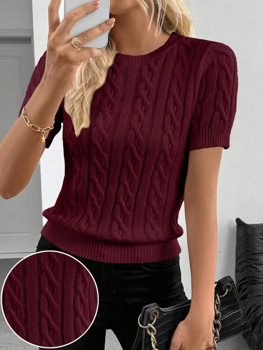 SHEIN Cottnline Blogger-Inspired Twist Rope Decor Round Neck Knit Sweater, Versatile For Autumn/Winter - Burgundy - View 1