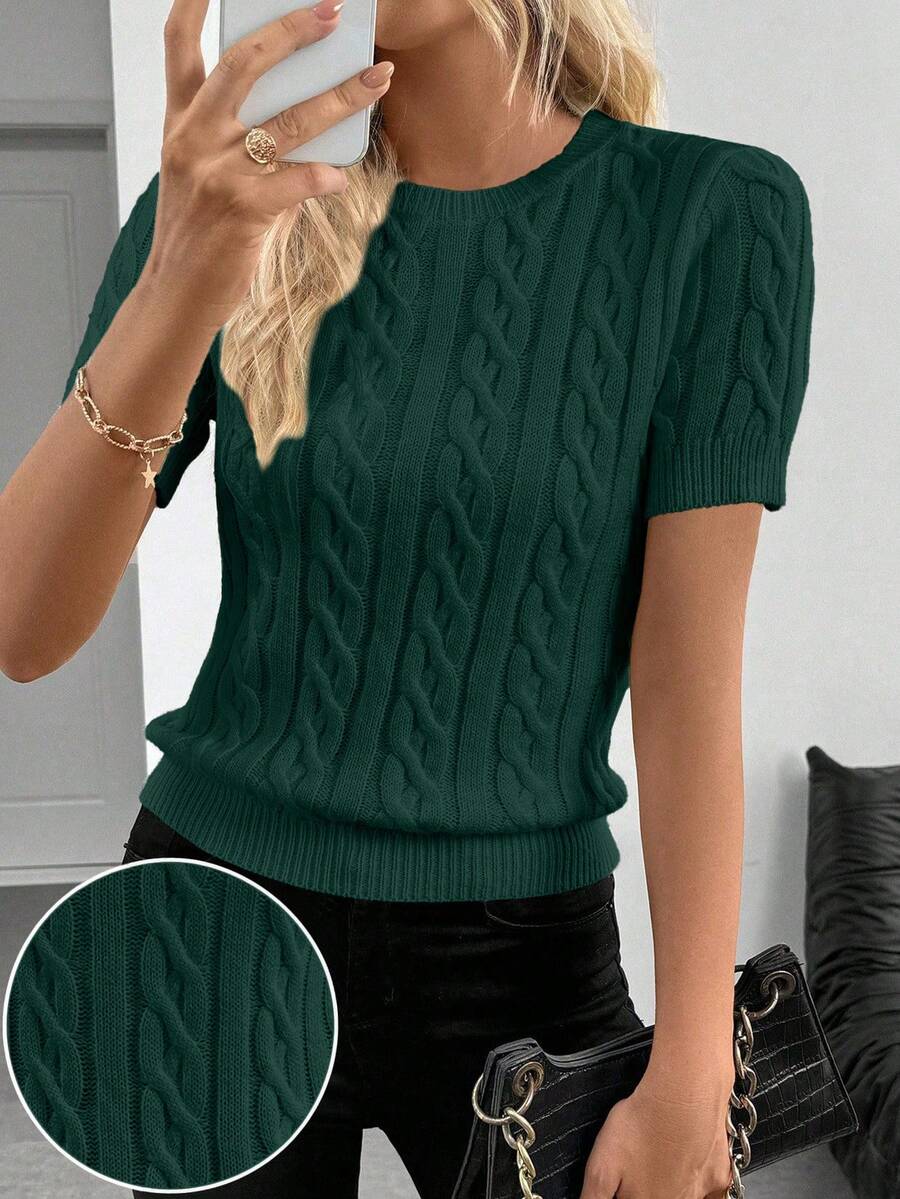 Blogger-Inspired Twist Rope Decor Round Neck Knit Sweater, Versatile For Autumn/Winter - Dark Green - View 1