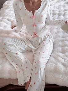 SHEIN White Knit Jacquard Bow Decor Colorful Ditsy Floral Fitted Pajama Set - White - View 3