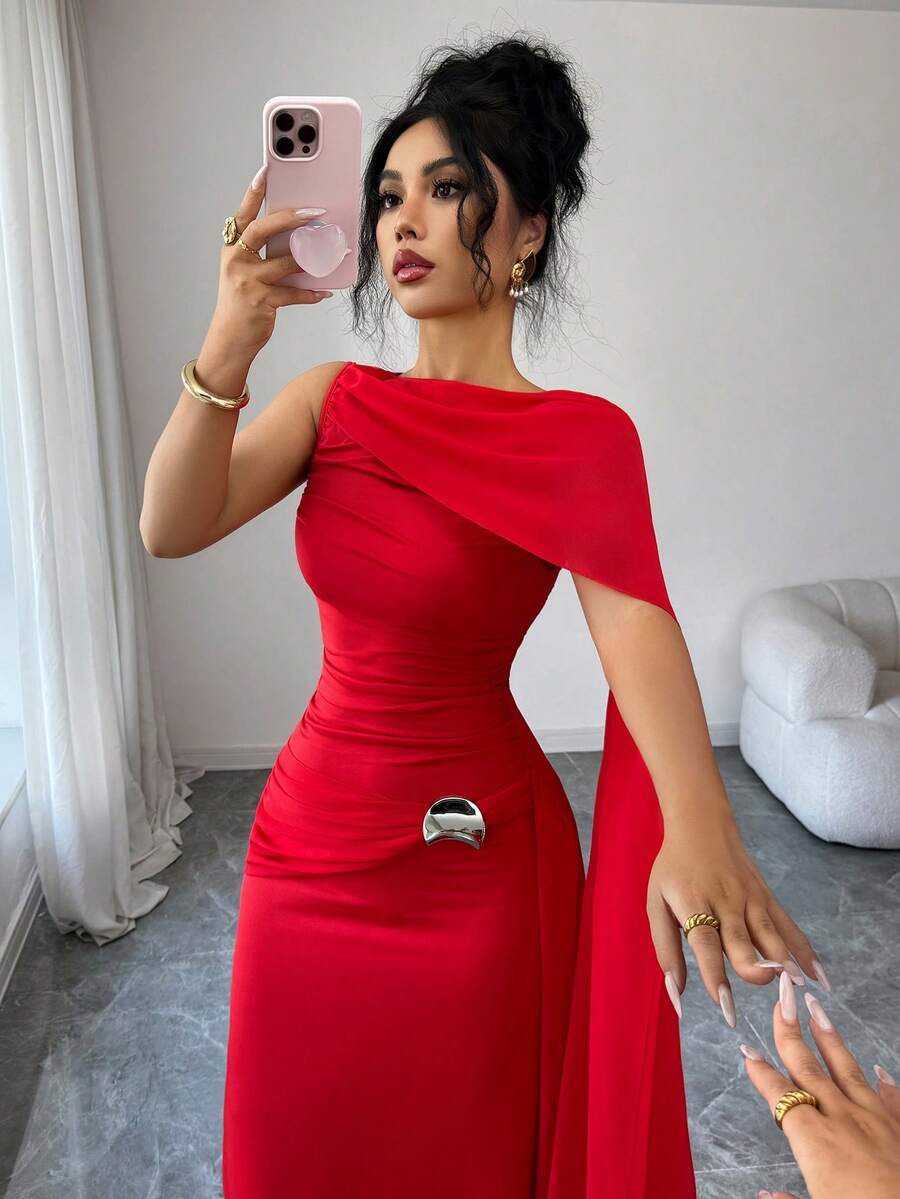 Elenzga Women's Elegant Ruched Metal Decor Party Dress, Sleeveless A-Line Cocktail Gown, Red, Spring/Summer - Fiery Red - View 1