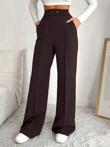 EURMUSE Women's Solid Color High Waist Toothpick Stripe Design Pocket Casual/Work Pants - Brown - View 7