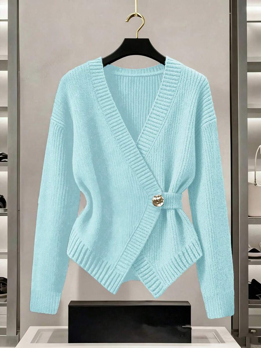 SHEIN LUNE New Elegant High-End Design Contrast Color Patchwork Knitted Women Cardigan, Autumn/Winter - Baby Blue - View 1