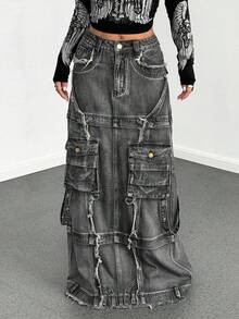 StreetHx 女士工装口袋毛边下摆休闲长款牛仔裙 - 灰色 - 查看 4