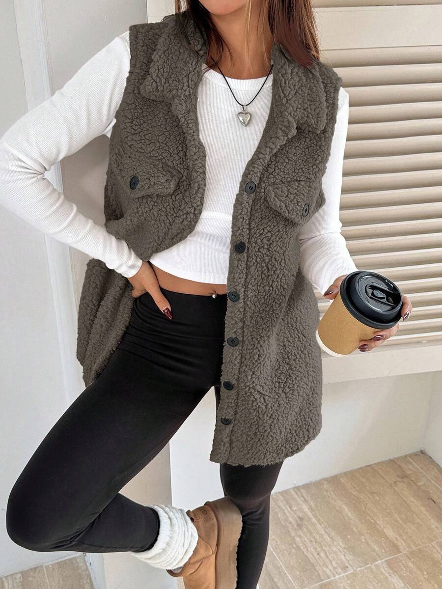 SHEIN EZwear 1 pièce Manteau sans manches décontracté à boutons et poches pour femmes, de couleur unie. Idéal pour le port quotidien en automne/hiver, l'automne, pour les femmes qui travaillent de chez elles en hiver. Manteau sans manches confortable pour les femmes au petit-déjeuner. - Gris foncé - Voir 1