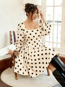 Vionelle 大码春夏长袖方领露背休闲优雅度假波点迷你连衣裙 波点连衣裙 女士法式连衣裙 波点连衣裙 波点连衣裙 优雅连衣裙 女士波点连衣裙 优雅波点连衣裙 法式连衣裙 - 杏色 - 查看 1