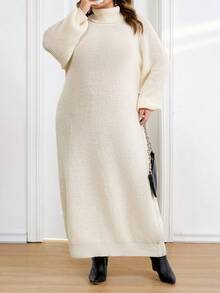 SHEIN CURVE+ 秋冬季大码女士纯色休闲长袖毛衣连衣裙 - 杏色 - 查看 7