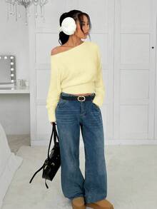 SHEIN EZwear 新款简约柔软可爱浅黄色毛衣，女士纯色不对称领休闲长袖套头衫，适合外出、万圣节、圣诞节和其他秋季场合。 - Butter Yellow - 查看 4