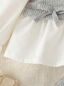 SHEIN 2件套新生女婴休闲套装，撞色领口和下摆二合一上衣，宽松针织长裤，简约时尚的新生儿服装套装 - 灰色 - 查看 7