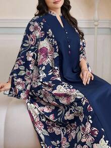 Al Najma Vestido casual de vacaciones holgado con cuello en V, estampado floral y manga con abertura para mujer de talla grande - Azul - View 1