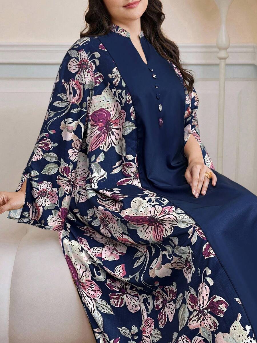 Al Najma Vestido casual de vacaciones holgado con cuello en V, estampado floral y manga con abertura para mujer de talla grande - Azul - View 1