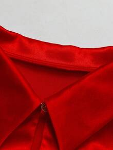 GlowEve CURVE Women's Solid Color Collared Pearl Button Decorated Pleated Long Sleeve Dress, Suitable For Daily Dates, New Year Holidays - Red - View 4