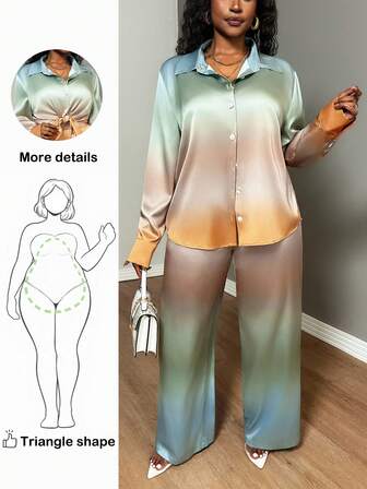 Truni Lacenleopard Plus Size Women Tie Dye Print Loose Long Sleeve Shirt And Pants Set, Pocket And Button Detail Suit/Winter, For Pear Triangle Body Shape