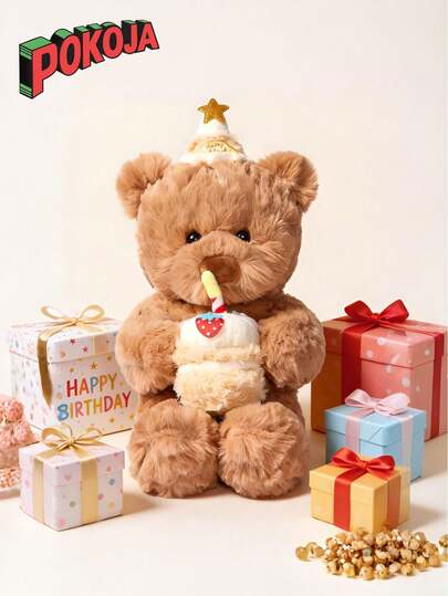 POKOJA LAND - BESTSELLERS 15英寸生日快乐泰迪熊手捧蛋糕毛绒玩具，可爱大号泰迪熊毛绒玩具，沙发装饰礼品，节日送给家人、朋友和同学的理想礼物