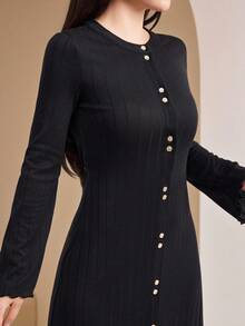 Veilorie 女士纯色圆领长袖纽扣设计休闲连衣裙 - 黑色 - 查看 3