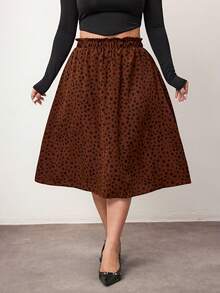 Enliva Plus Size Women Ruffle Waist All-Over Print Casual Skirt, For Apple Rounded Body Shape - Coffee Brown - View 5