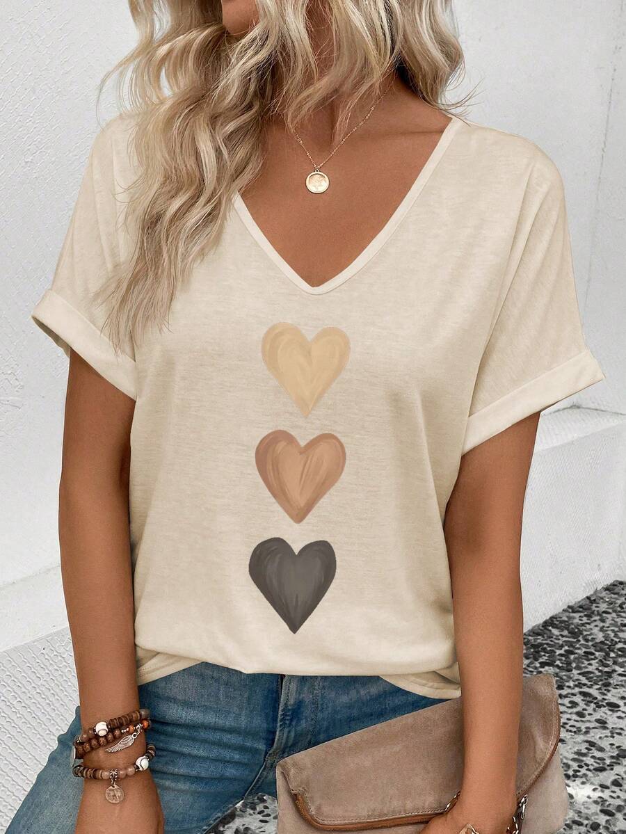 EMERY ROSE Women's V-Neck Flared Cuff, Ombre Heart Print Casual Versatile T-Shirt, Spring/Summer - Apricot - View 1