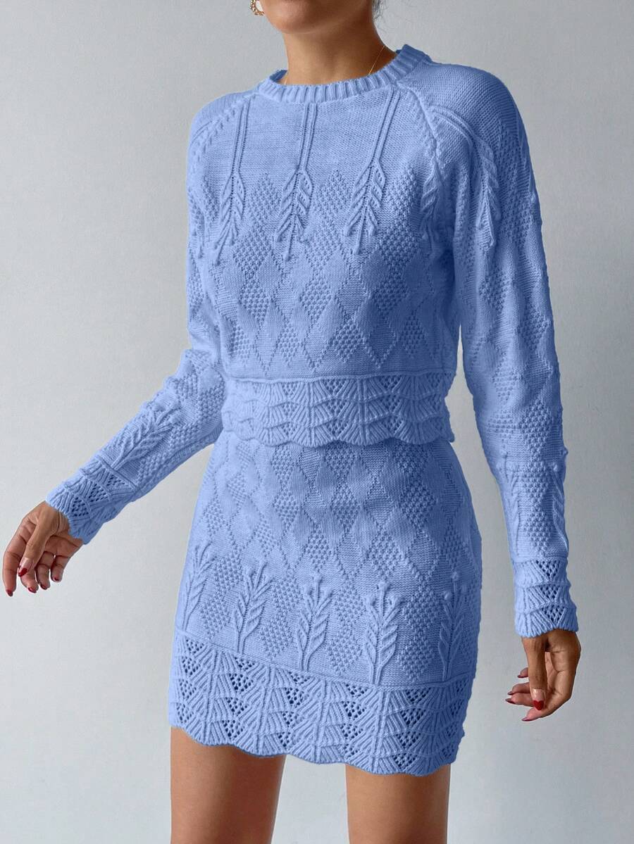 EURMUSE Elegant Texture Knit Hollow Out Sweater & Sweater Skirt Co-Ords 2 Pieces Set - Baby Blue - View 1