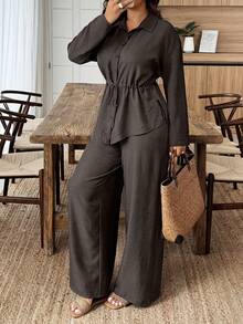 SHEIN LUNE 2pcs Women Cinched Waist Curved Hem Front Long Back Short Shirt And Pants Set,Linen Modest Comfortable Plain Grey,Autumn,Smart Casual,Everyday Blouse - Coffee Brown - View 1