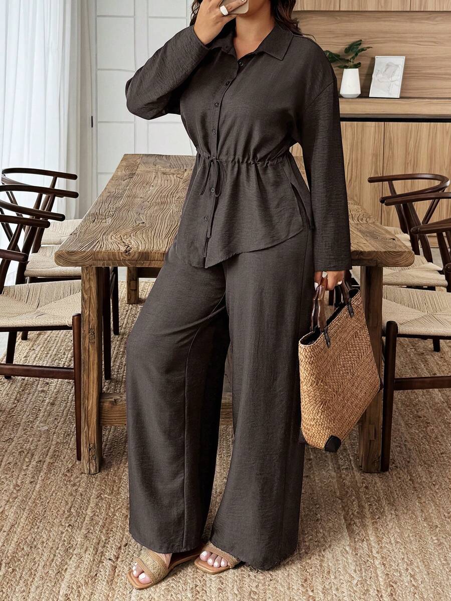 SHEIN LUNE 2pcs Women Cinched Waist Curved Hem Front Long Back Short Shirt And Pants Set,Linen Modest Comfortable Plain Grey,Autumn,Smart Casual,Everyday Blouse - Coffee Brown - View 1