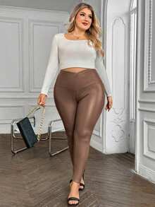 SHEIN VCAY Plus Size Women Casual Everyday Commute Simple Solid Color Overlap Waist Skinny Pants - Mocha Brown - View 3