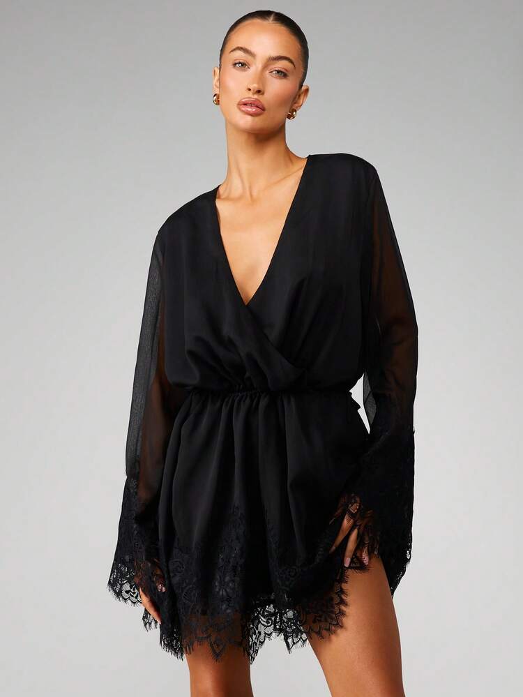 MISSGUIDED Vestido mini envolvente con escote en V profundo y mangas de gasa con ribete de encaje para ocasiones de fiesta por la noche