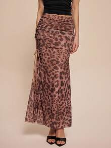 Women's Leopard Print Mesh Drawstring Slit Elegant Dress - Khaki - View 3