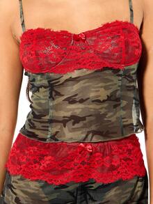 SUMWON WOMEN Camouflage Mesh Lace Corset Crop Top And High Waisted Booty Shorts Two Piece Set - Multicolor - View 6