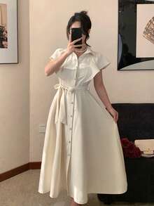 DAZY 女士翻领短袖米色荷叶边衬衫裙，修身腰身，通勤连衣裙 - 米色 - 查看 8