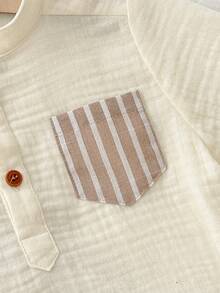 Cozy Pixies 2pcs Baby Boy Contrast Trim Striped Pocket Round Neck Short Sleeve Henley Top And Striped Pants Set