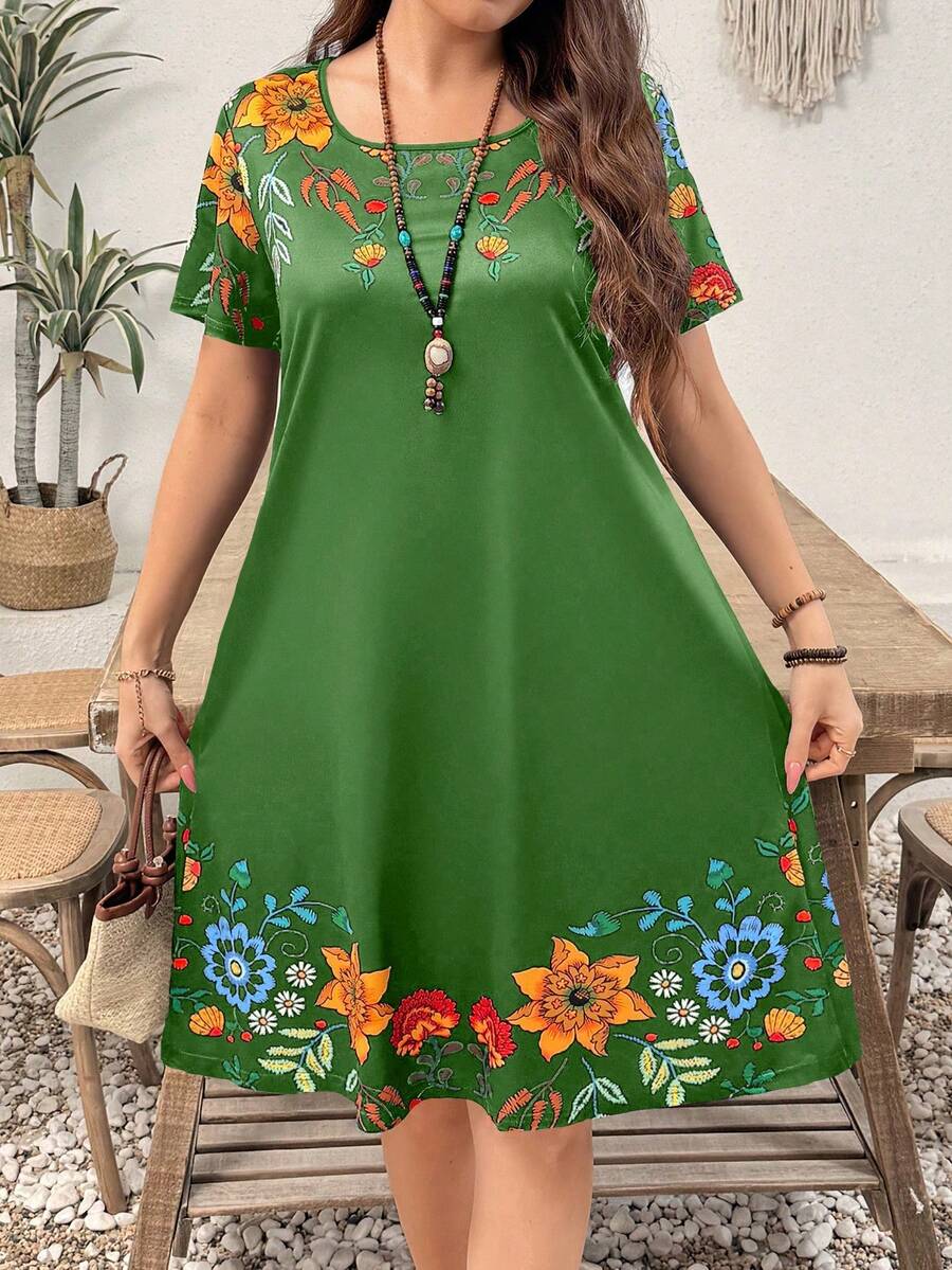 EMERY ROSE 大码女式碎花圆领短袖A字连衣裙 - 綠色 - 查看 1