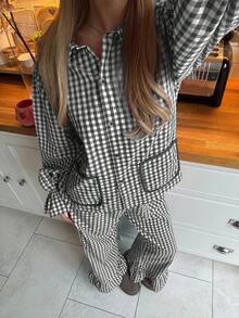 CovetEZ 2件套黑白格子编织休闲家居服套装，女式格子睡衣套装，格子睡衣，女式睡衣套装 - 黑與白 - 查看 4