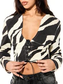 SUMWON WOMEN Zebra Printed Long Sleeve Corset Style Lace Up Front Crop Top With Eyelet Details - Black and White - View 6