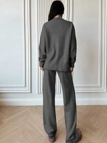 Firerie 女士休闲宽松撞色针织套装，长袖圆领上衣和长裤，适合春、秋、冬季穿着，撞色滚边针织套装，春、秋、冬装，通勤、优雅、休闲日常、工作服 - 灰色 - 查看 2