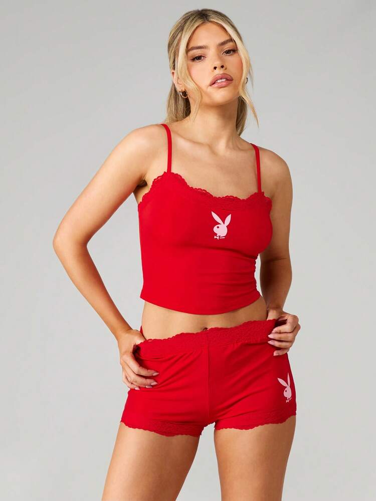 Missguided x Playboy Lace Trim Camisole Top And Shorts Matching Set With Scalloped Edges For Loungewear Sleepwear