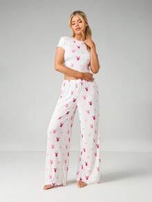 Missguided x Playboy Ribbed Pointelle Pajama Set With Bunny Hearts Print Long Sleeve Crop Top Wide Leg Pants Lounge Co-Ord - Multicolor - View 1