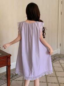 DAZY Camisón corto holgado de mujer con parches de encaje y pliegues - Morado - Ver 2