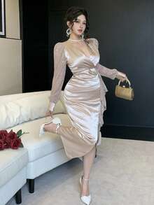 DAZY Đầm nữ thanh lịch cổ bẻ xếp lớp, gấu đầm xếp nếp xẻ tà, đầm hè mùa thu. - Rượu sâm banh - Xem 6