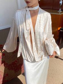 Livesso Women's White Animal Print Loose Blouse,Elegant V-Neck Tie Neck Long Sleeve Shirt For Office,New Year,Christmas,Wedding,Party,Tea Party,Autumn,Spring - Beige - View 2