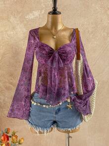 Soleia 女士节日、毕业、返校秋季连衣裙，娃娃装上衣搭配佩斯利花卉印花 V 领长袖衬衫 - 彩色 - 查看 1