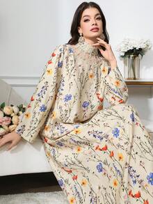 Yasmyna 女士印花立领长袖优雅阿拉伯连衣裙，奢华女式印花长裙，女士印花长款连衣裙 - 彩色 - 查看 1