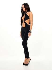 SUMWON WOMEN 性感针织O型环露背吊带露背连体裤，修身晚宴派对夜店装 - 黑色 - 查看 5