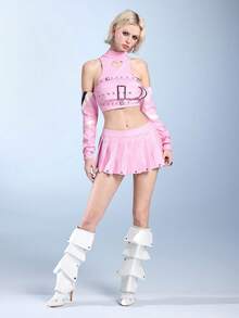 ROMWE Avant 2pcs Neon Knight Biker Chic Sweetheart Pink Heart Cutout Sleeve Faux Leather Women Jacket Set - Pink - View 3