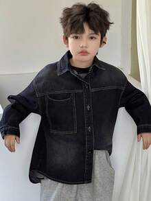 DAZY Tween Boy Dropped Shoulder Long Sleeve Single-Breasted Casual Loose Denim Jacket